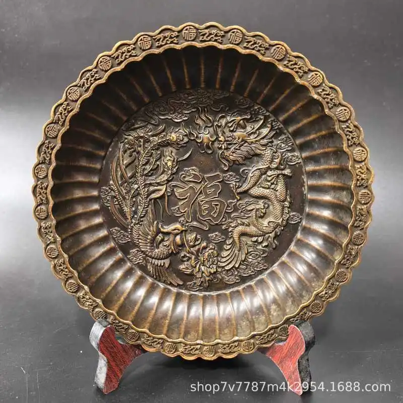 Antique-brushed brass craft with the character "Fu" dragon and phoenix design, home decoration ornament