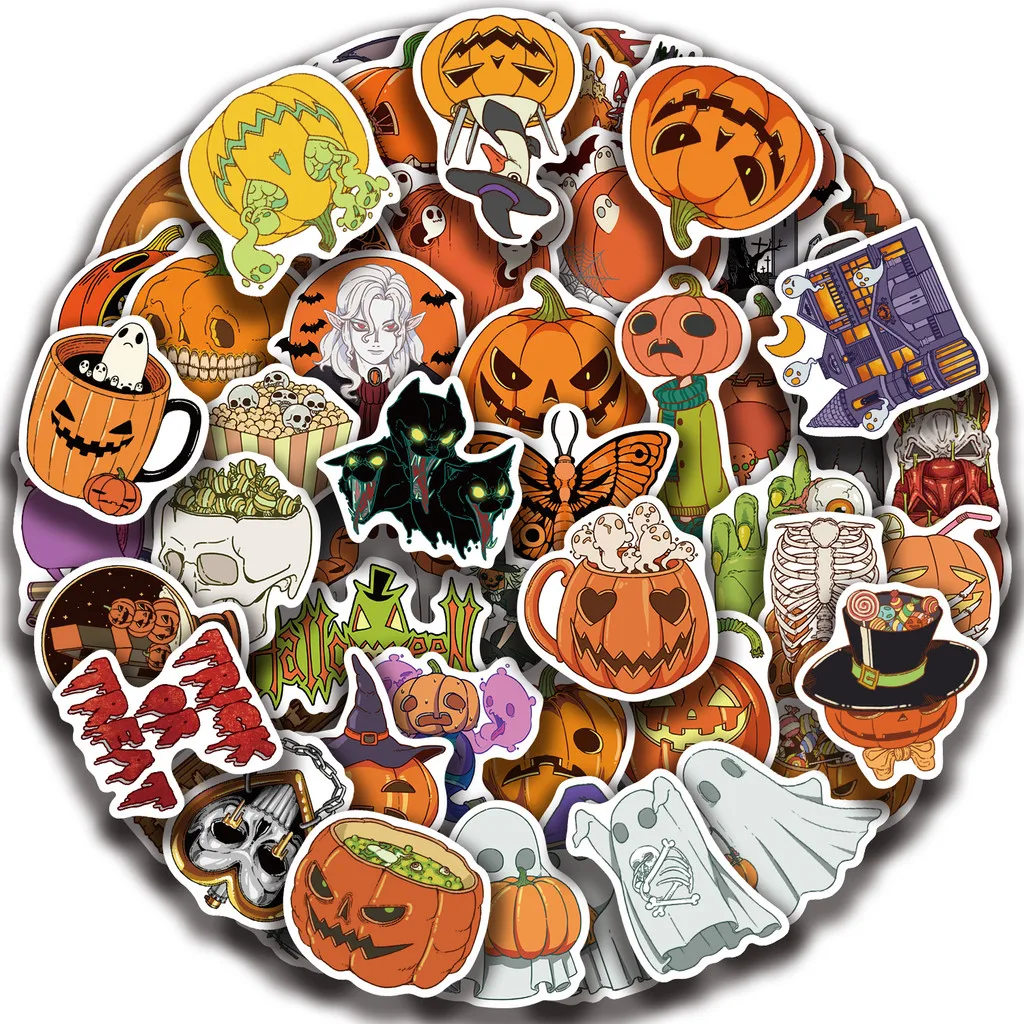 50Pcs Gothic Halloween Waterproof Stickers, Black White Skeleton Ghost Decals for Motorcycle, Laptop, Water Tumbler & Skateboard