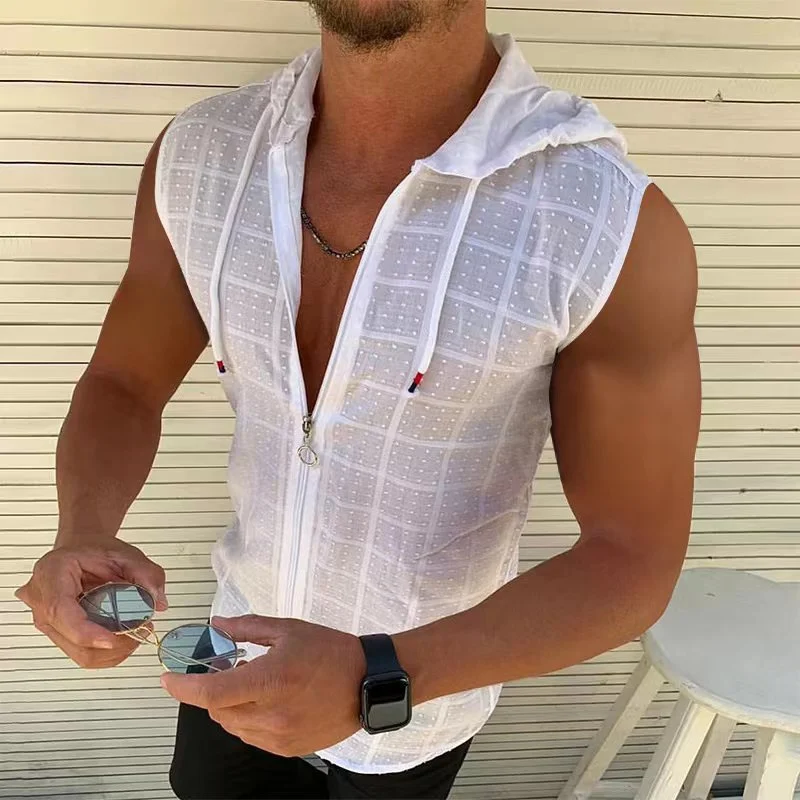 

Men's Fashion Summer Beach Wind Sleeveless Zipper Hooded T-shirt Cotton Casual Beach Hooded Beach Sun-protective Clothing