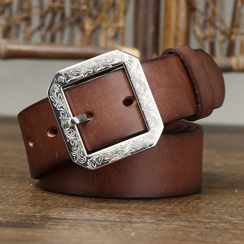 3.8CM Pure Cowhide Belt High Quality Genuine Leather Men Belts Designer Carve Stainless Steel Buckle Strap for Male Luxury Retro