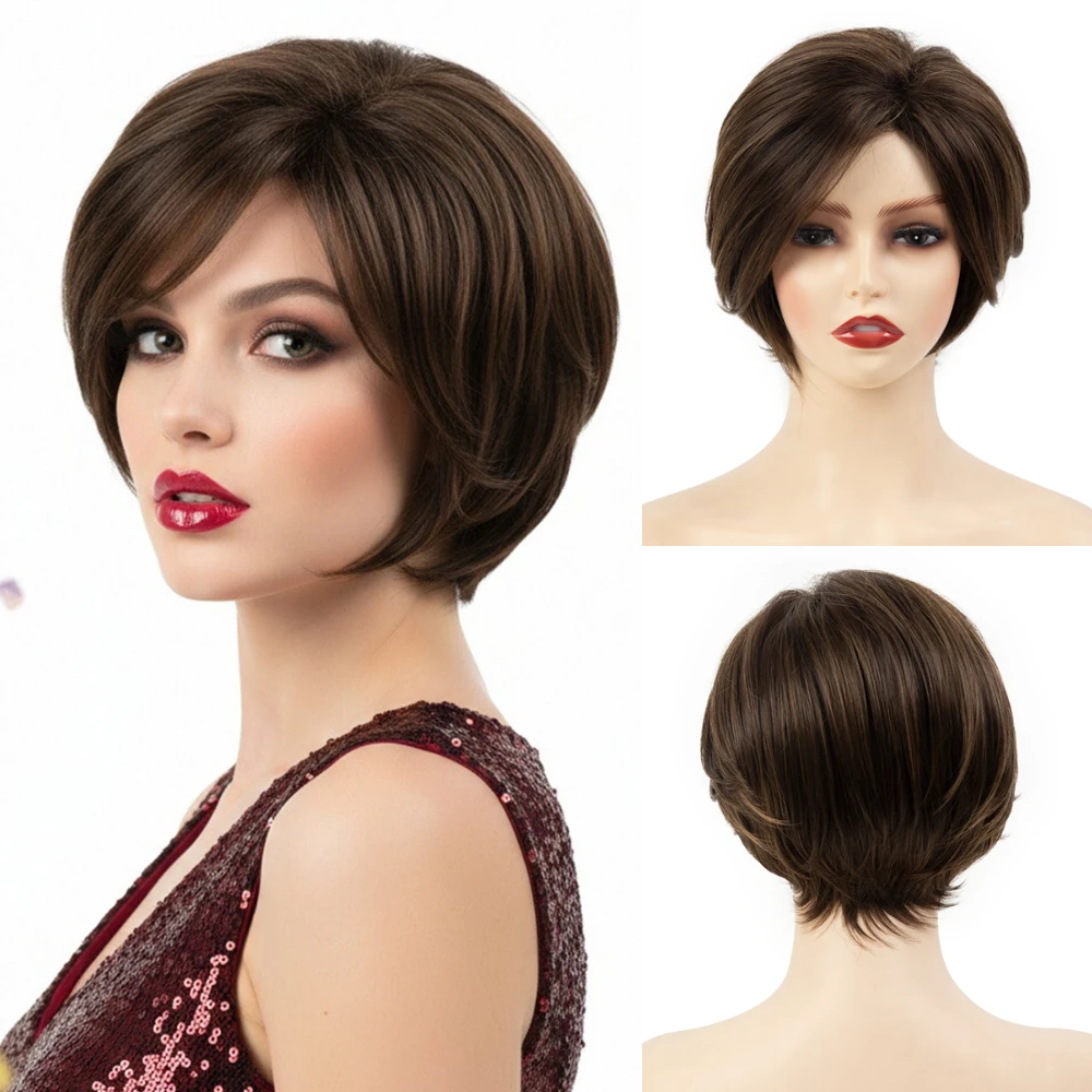 

Chic Layered Brown Synthetic Wig for Women Heat Resistant Short Straight Style Halloween Daily Wear