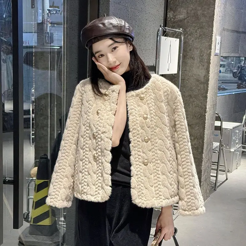 Pakaian musim dingin wanita bergaya mewah Chic outerwear Double Breasted imitasi bulu mantel Vintage elegan tebal hangat jaket