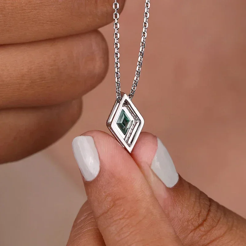 CAOSHI Green Color Pendant Necklace for Women with Rhombus Shape Shining Cubic Zirconia Fashion Style Wedding Engagement Jewelry