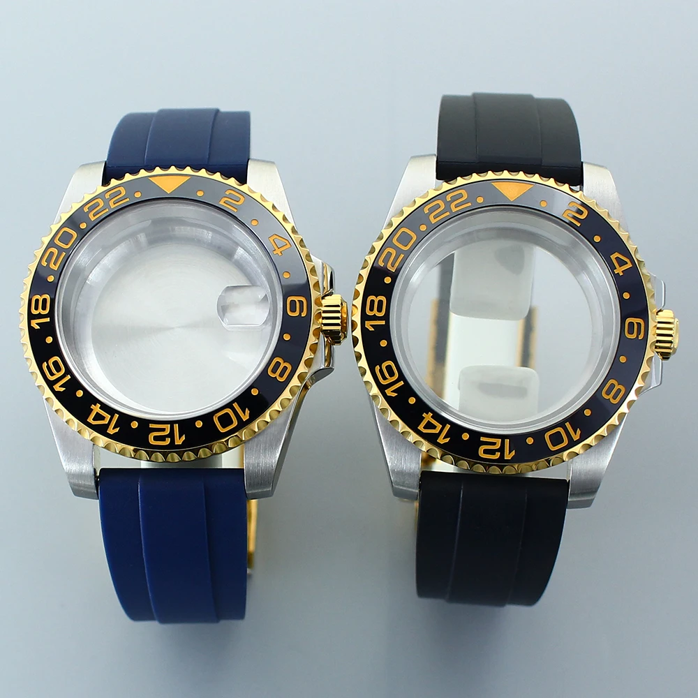 

40mm Gold PVD Watch Case Rubber bands 120clicks Bezel Waterproof Sapphire For Seiko NH35NH36 8215 Eta2824 Movement GMT MASTER II