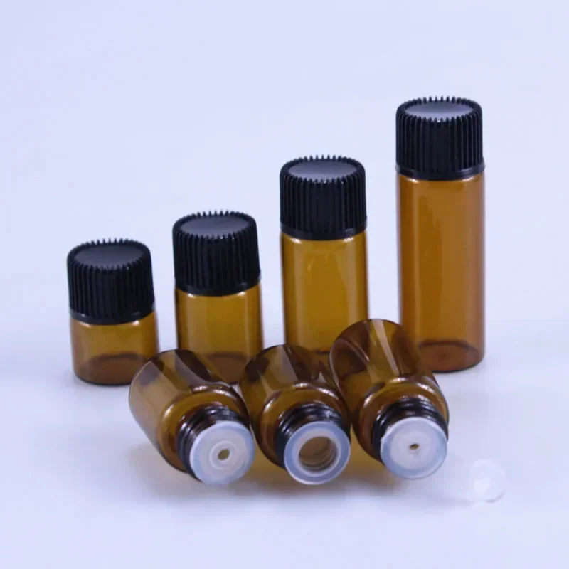 200PCS Vials Cosmetic Sample Test Bottle Mini Bottle Empty Glass Amber Essential Oil Bottle with Orifice Reducer Refillable