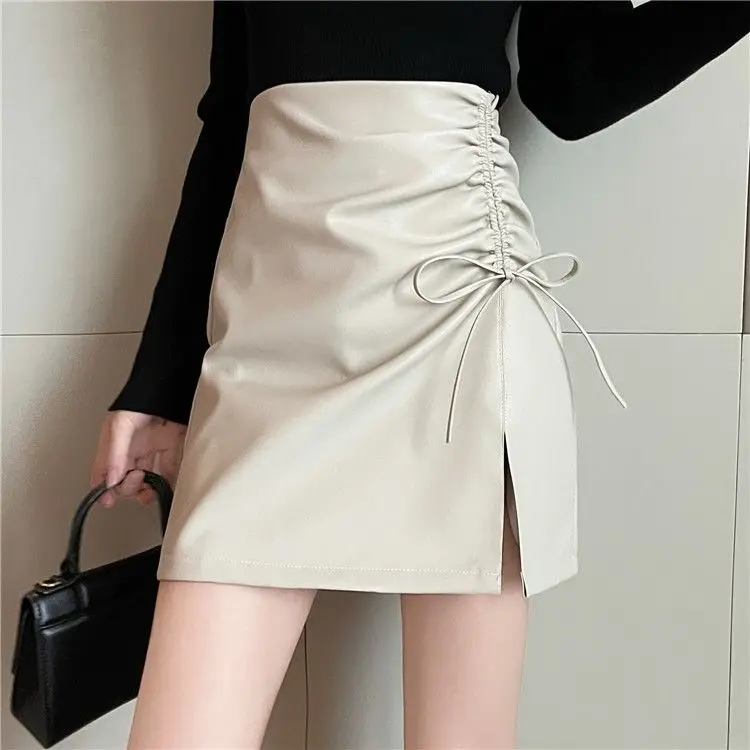 Pu Leather Half Skirt Spring and Autumn Spicy Girl Korean Version Western-Style Pleated Slit Lace Up Hip Hugging Skirt