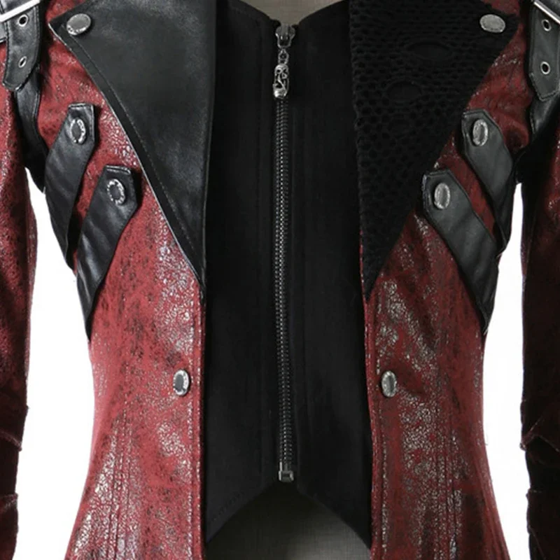 PUNK RAVE Gothic Style Women Vampire Red Punk Studded Heavy Pu Motorcycle Jacket Leather Fashion Brand Quality Long Coat