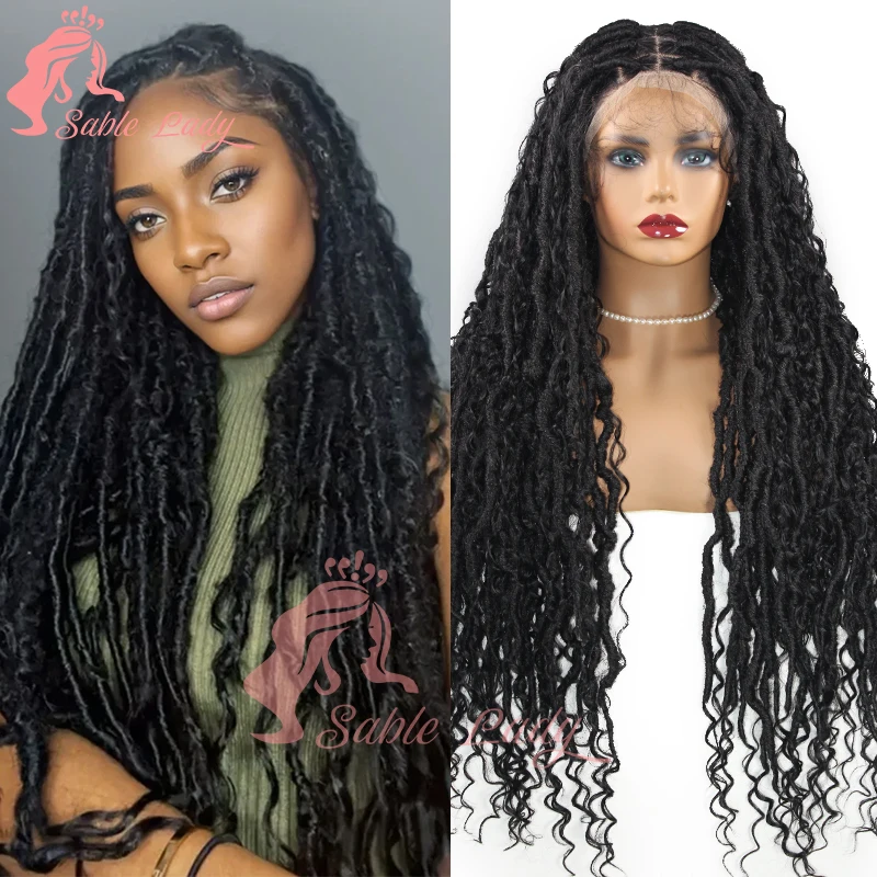 

Full Lace Synthetic Bohemia Braid Wig 32 Inch Knotless Box Braids Wig with Curly End Senegal Twist Faux Locs Braided Goddess Wig