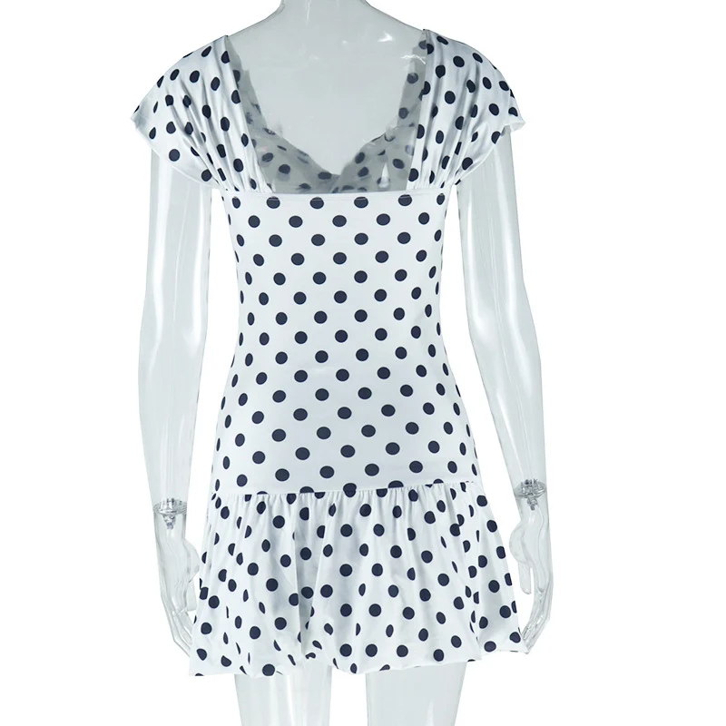 Sexy Dot Print Stretchy Sheath Off Shoulder Mini Dress Women Elegant Hollowout Short Sleeve Ruched Slim Fit Summer Dress Holiday