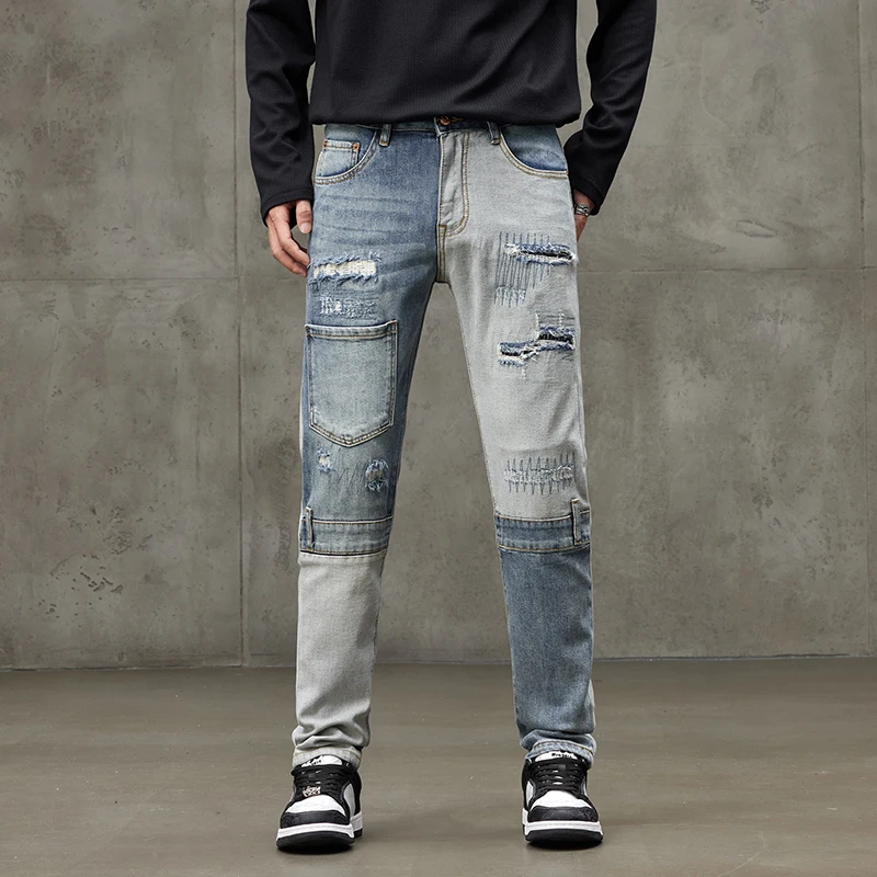 

Autumn and winter patchwork ripped jeans high street stretch slim fit patch motorcycle pants denim jeans for men