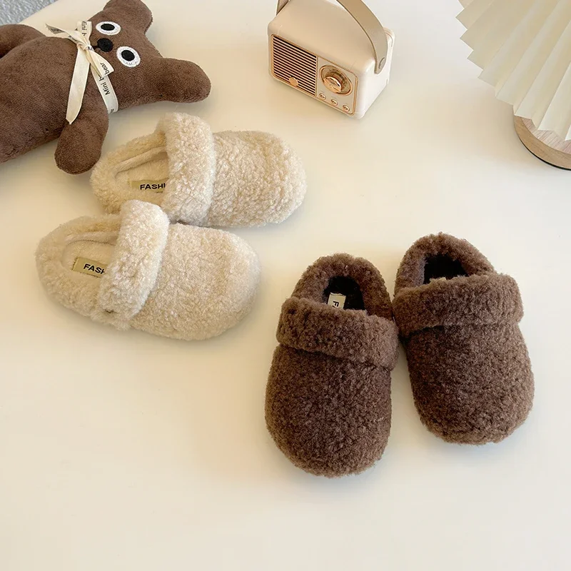 Winter Children Home Fur Fashion Slippers Casual Cover Toe Flats Slides Girl Comfort Warm Cotton Shoes Toddler Girl Shoes 22-37