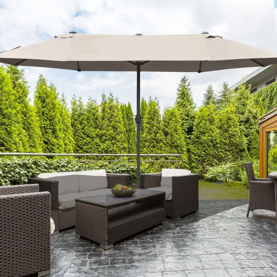 Patio Umbrella 15' Steel Rectangular Outdoor Double Sided Market with base Sun Protection Easy Crank for Deck Pool Patio Coffe