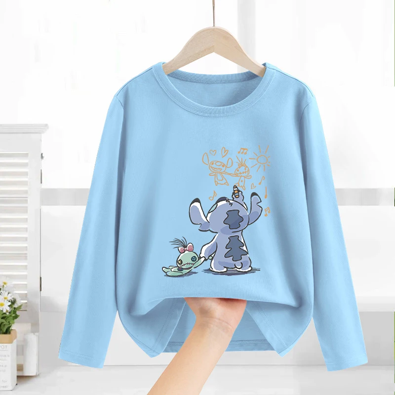 Stitch Disney Round Neck Long Sleeves T-shirts Cartoon Anime Children Shirts Kids Print Boys Girls Spring Thin Clothes Gift