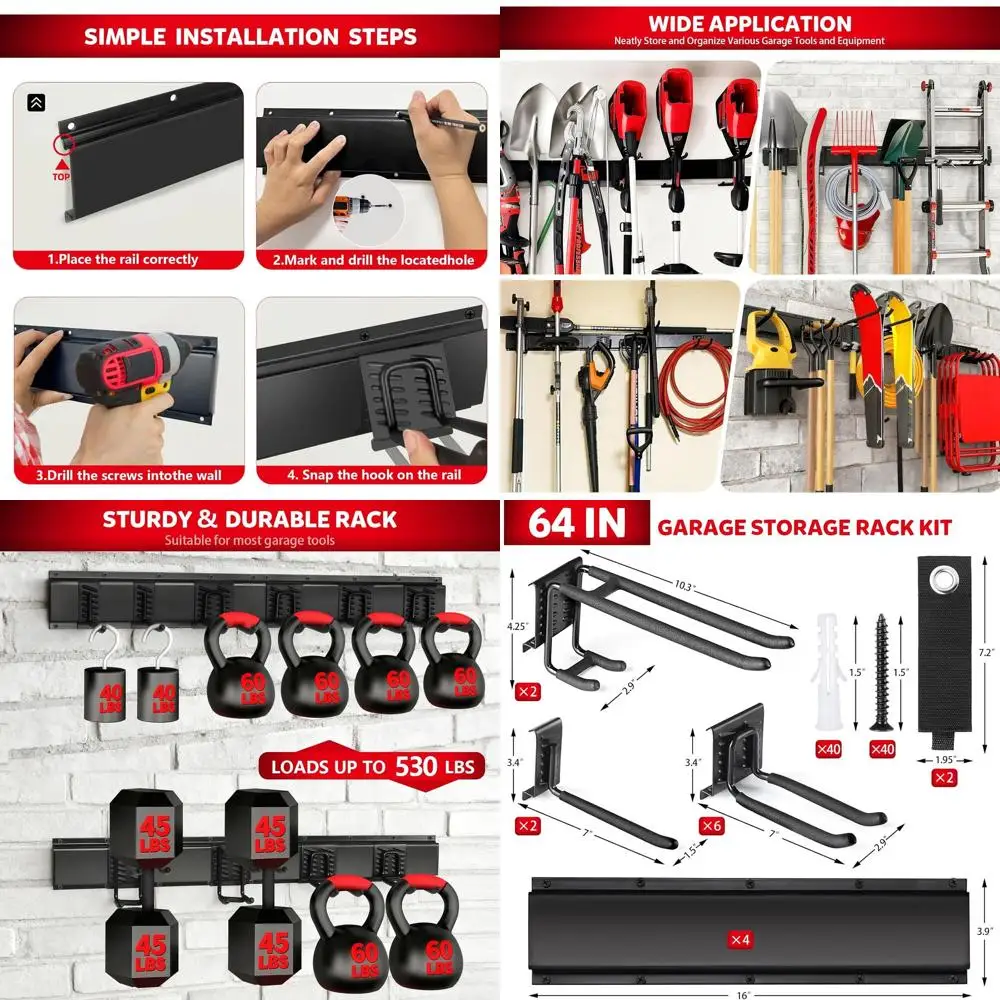 

Сверхмощная настенная полка для инструментов 64 для гаража, сада и сарая — органайзер для инструментов, грабли, метлов и швабр