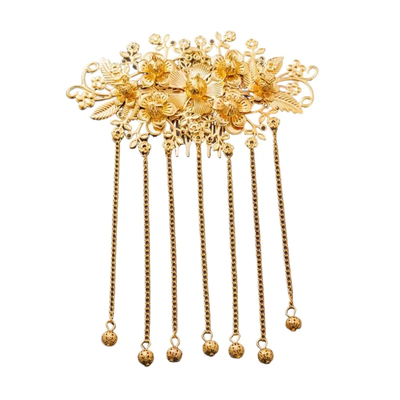 Gold tassel bead plug comb headgear bridal wedding jewelry back comb Chinese Xiuhe hair accessories