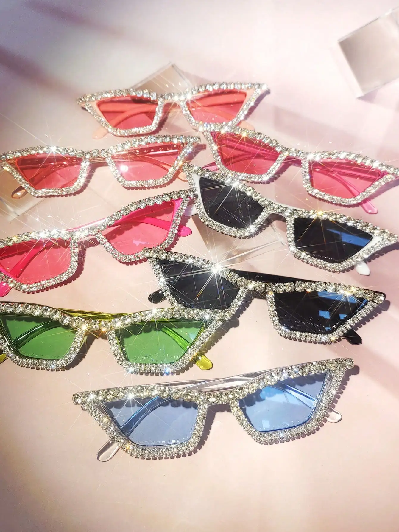 

Rhinestone-Embellished Cat Eye Sunglasses for Women - Pink, Red, Black, Blue, Green, Silver