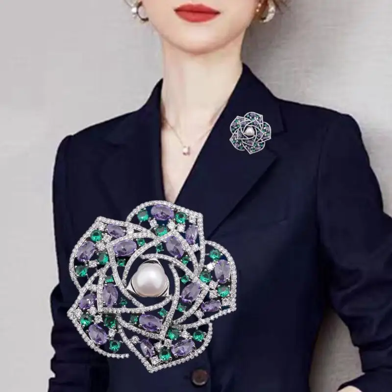 фFashion Rhinestones Pearl Camellia Flower Brooches For Women Clothing Coat Jewelry Accessories Gifts