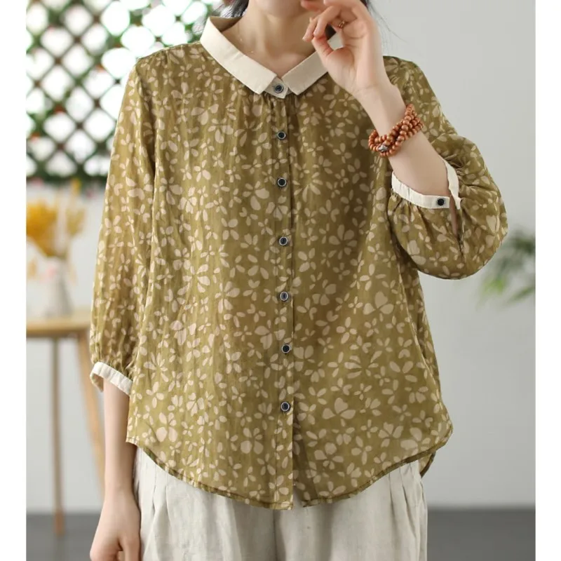 Spring/summer Lightweight And Breathable Artistic Loose Cotton And Linen Printed Seven Quarter Sleeve Round Neck Elegant Blouse