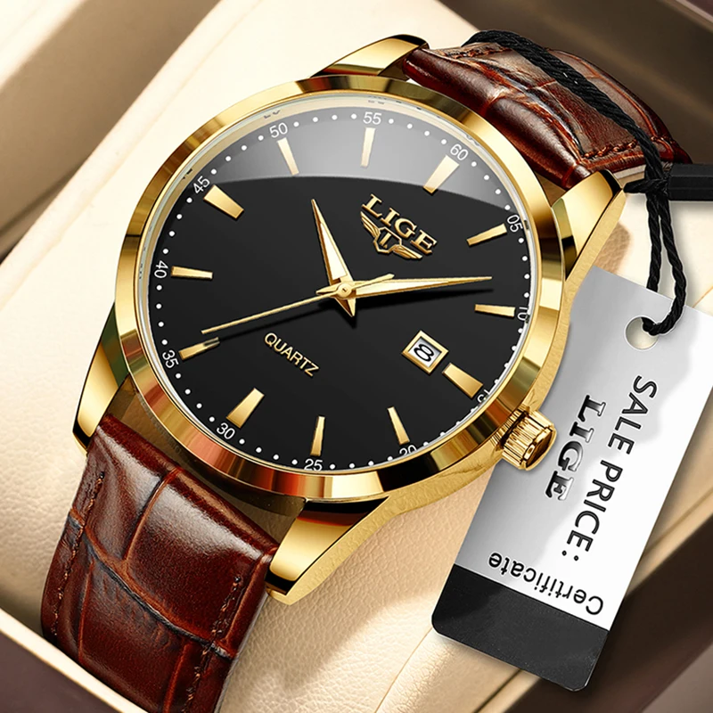 LIGE Mens Watches Top Brand Luxury Military Quartz Watch for Men Fashion Leather Waterproof Sports Chronograph Montre Homme+BOX