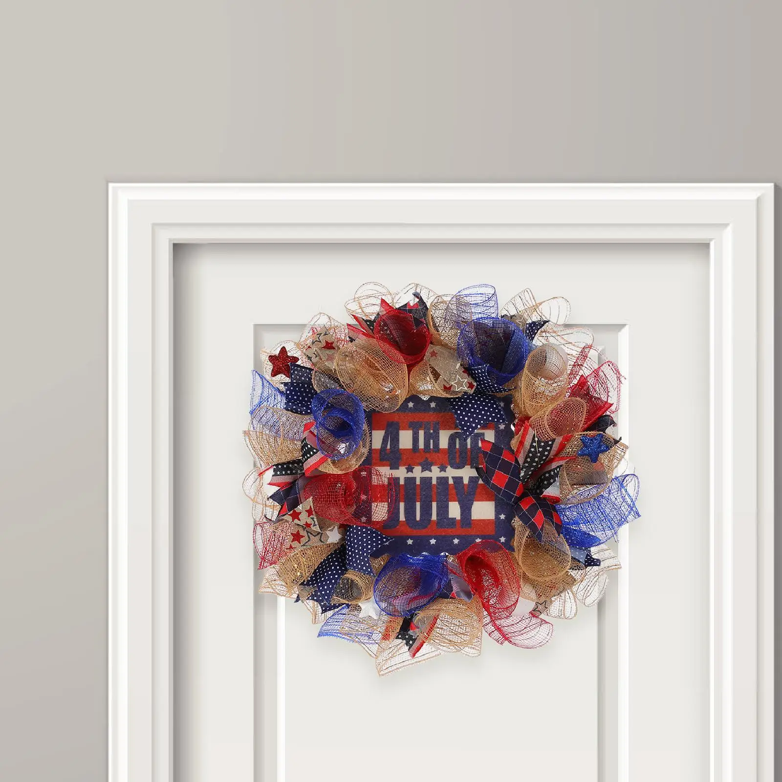 

Patriotic Wreath Hanging Ornament Decorative Handcrafted Independence Day Wreath for Front Door Indoor Outdoor Party Fence Wall
