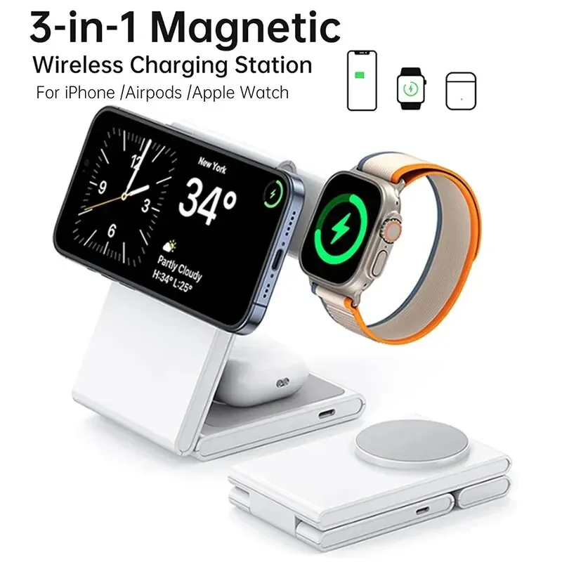 3 in 1 Foldable Wireless Charger Fast Charging Station for iPhone 15 14 Holder Magnetic Charger Stand Dock for Apple Watch S8/7