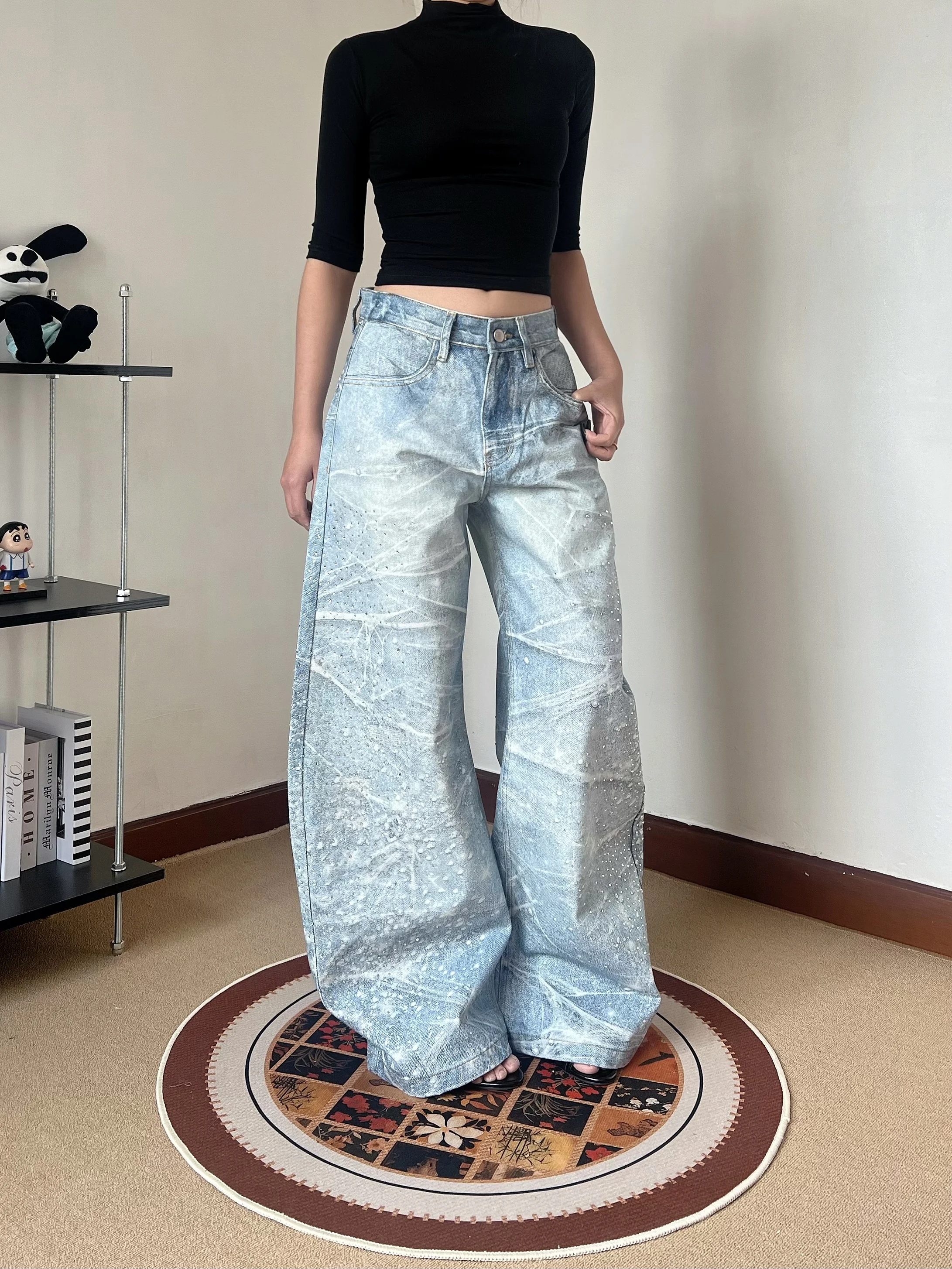

Retro American 3D Printed Glitter Star Spray Ink Spider Web Knife Jeans Men Women Loose Wide Leg Long Pants
