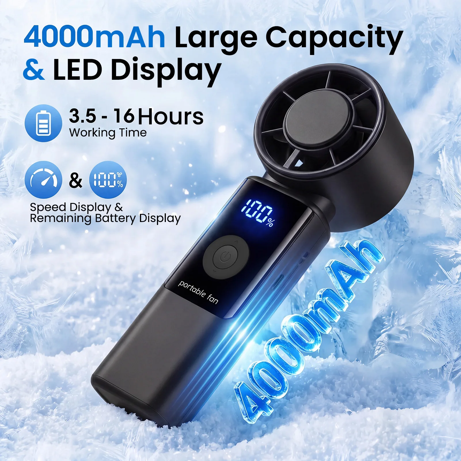 WOWDSGN Draagbare handventilator Turbo, hogesnelheidskoelventilator met snelheidsregeling (1-199), 4000mAh batterij tot 16 uur, oplaadbare mini-handventilator met LED-display, opvouwbaar, voor reizen,