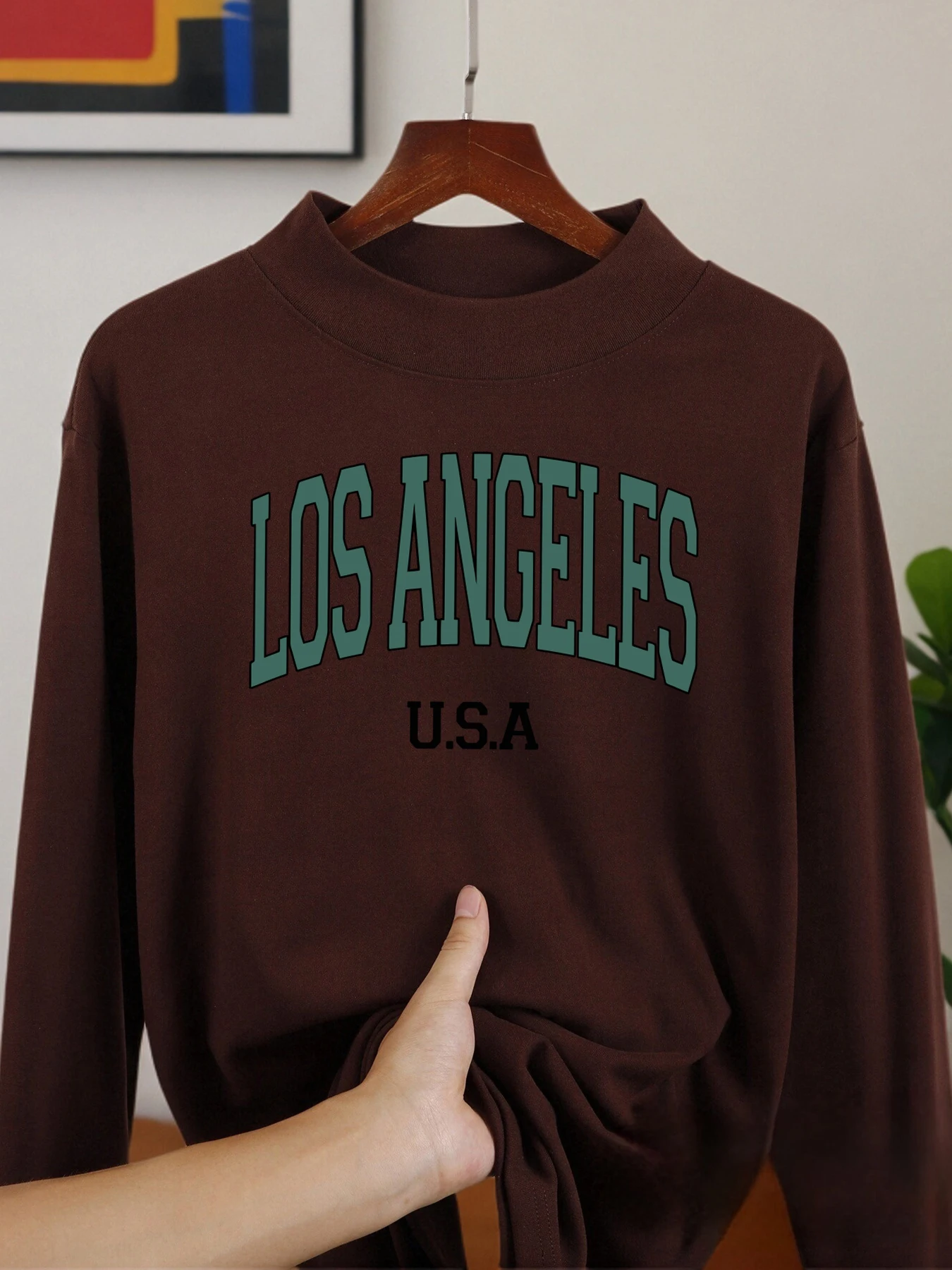 Los angeles eua carta camisa de manga comprida ajuste roupas casuais nova meia gola alta roupas veludo velo quente outono topos