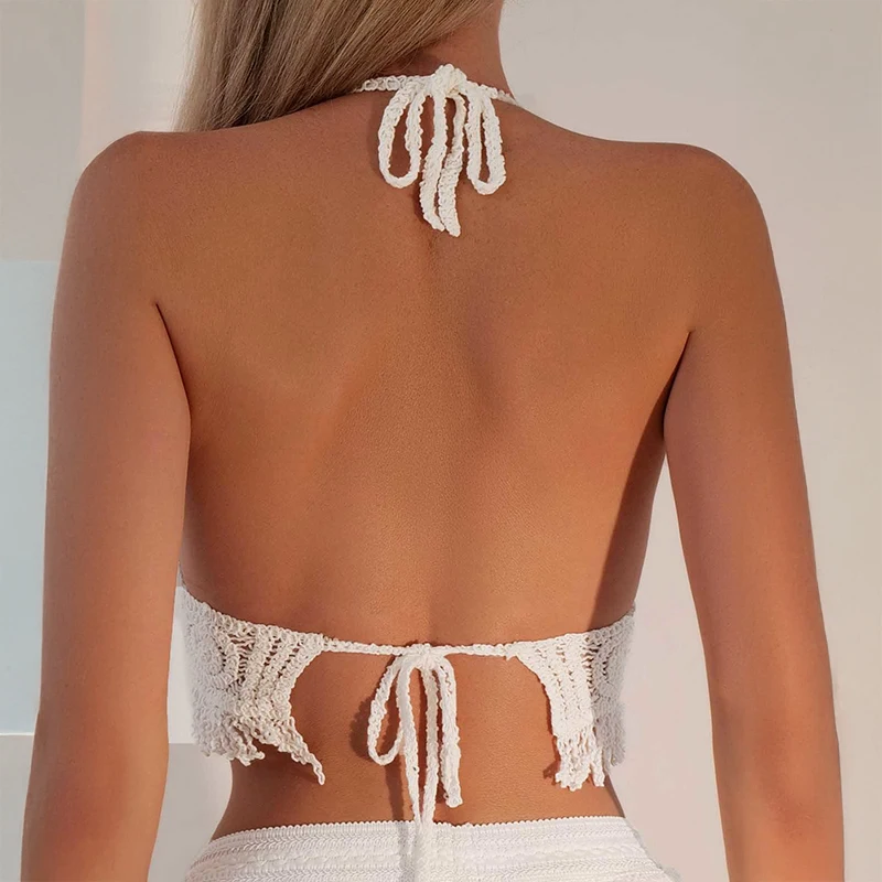 Crochet Halter Top Openwork Knit Bralette Fringed Tie Back Crop Cami Tank Women Boho Hippie Summer Beach Top Festival Coachella