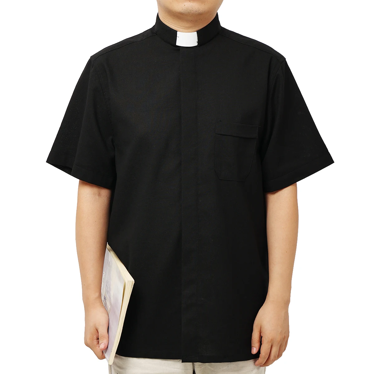 Camisa de sacerdote para hombre, disfraz de Iglesia Católica negra, Tops con cuello de lengüeta de clero, camisas de Pastor