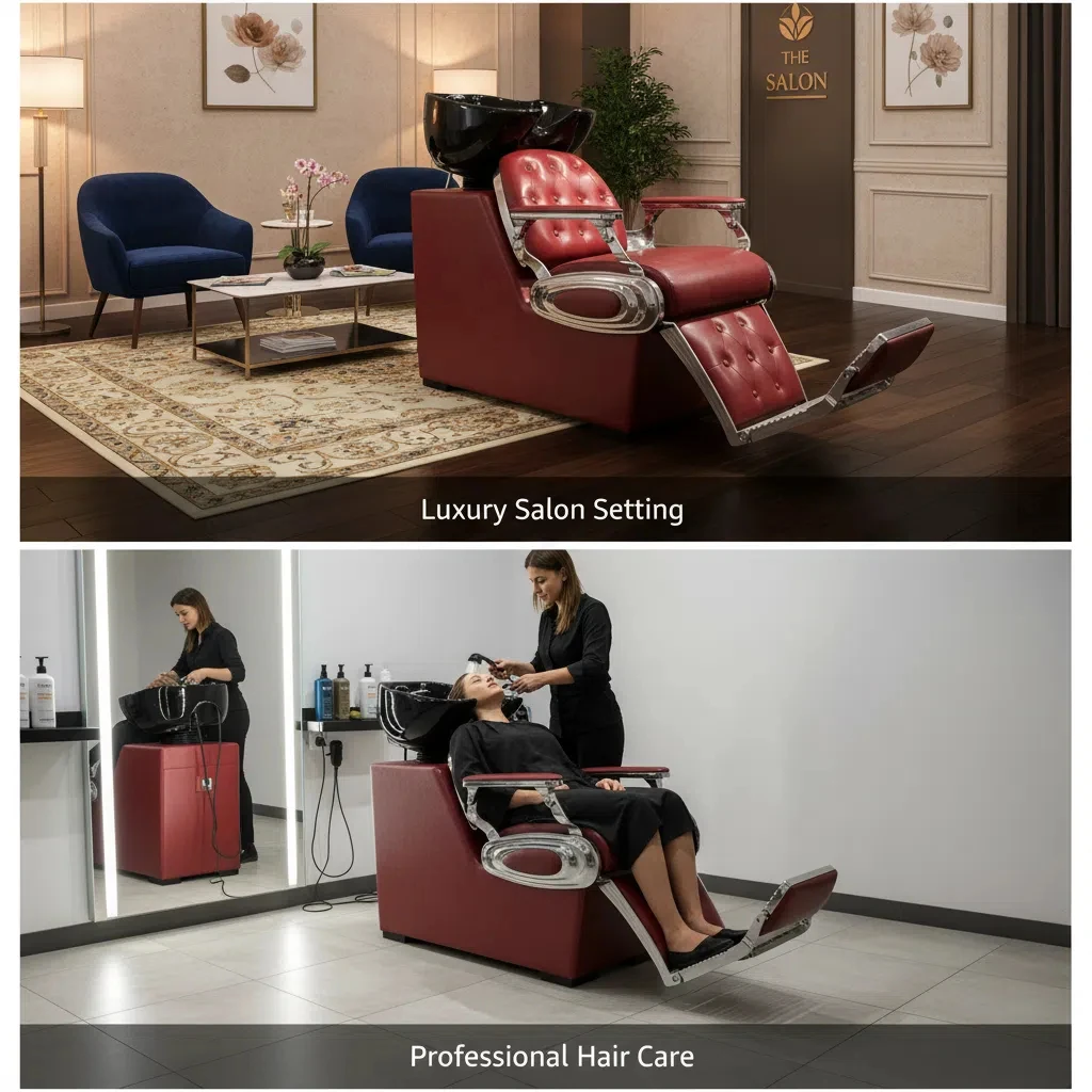 Keyunshi Red & Chrome Vintage Luxury Shampoo Chair, Quilted Leather Seat with Black Basin for Hair Salon Hair Washing Experience