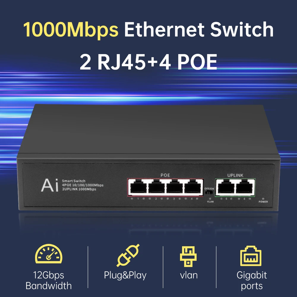 

6-портовый коммутатор POE + RJ45, 1000 Мбит/с, 2 Uplink + 4 PoE 802.3af/at Vlan Plug and Play, Ethernet-сплиттер для 100 метров, вилка европейского/американского стандарта