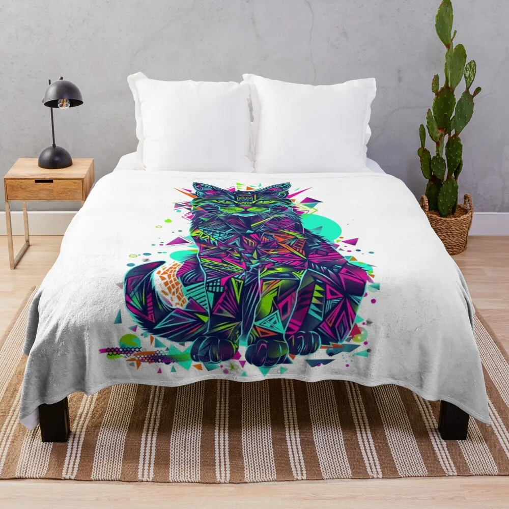 

Neon Feline: A Cosmic Tapestry Throw Blanket Bed linens Flannels Kid'S decorative Blankets