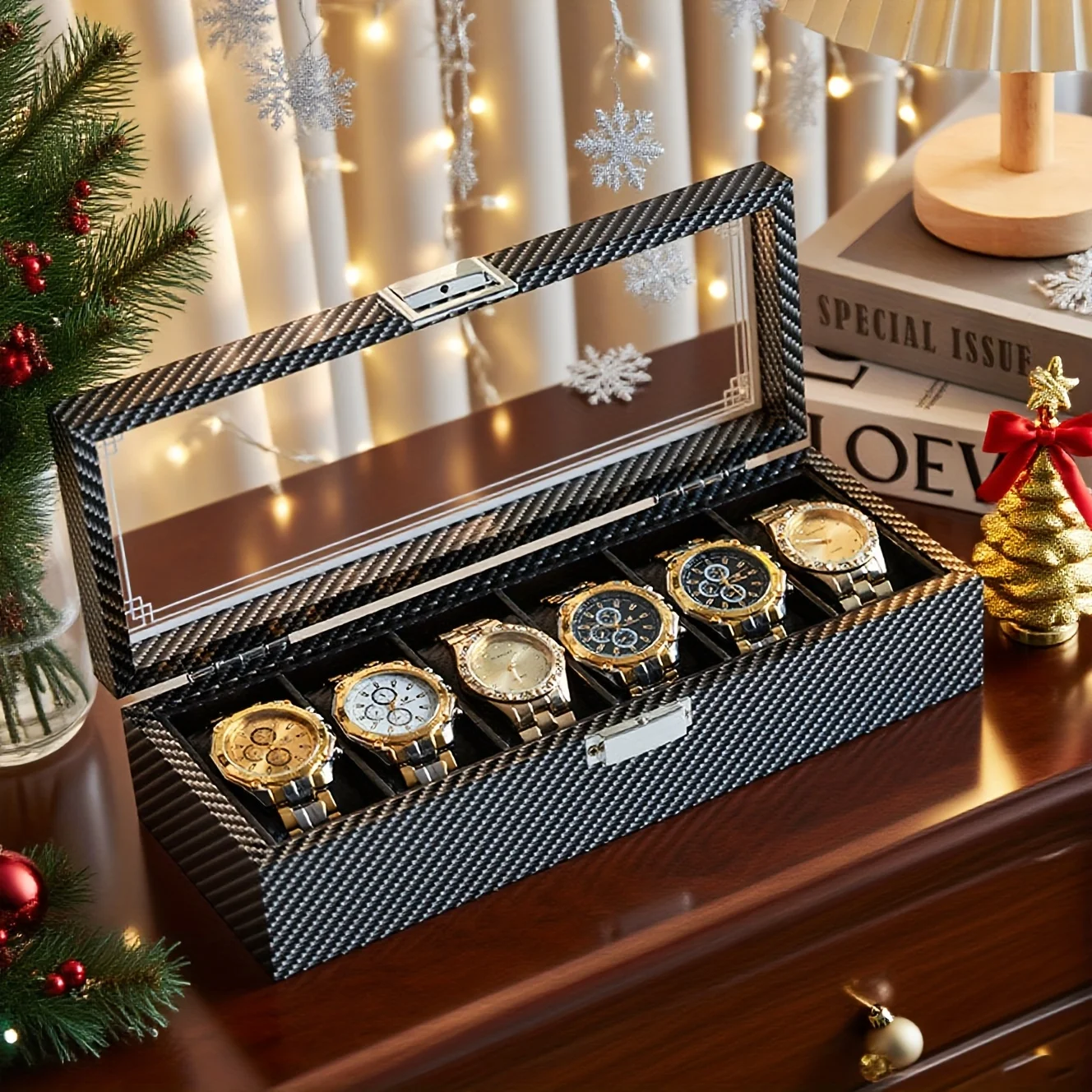 

Elegant Black Carbon Fiber Watch Box, Square Flip-Top Display Case ,Perfect for Watches Storage, Ideal Gift for Christmas