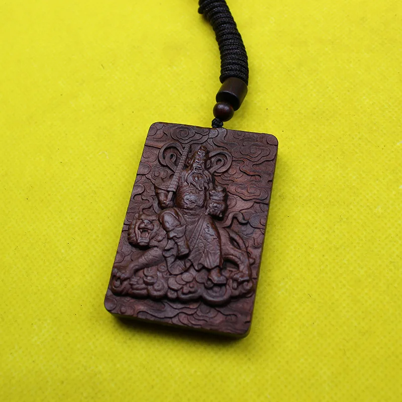 Chinese Style Thunder Struck Jujube Wood Double Sided Carved Zhao Gongming Wealth God Lucky Blessing Amulet Peace Tag Necklace