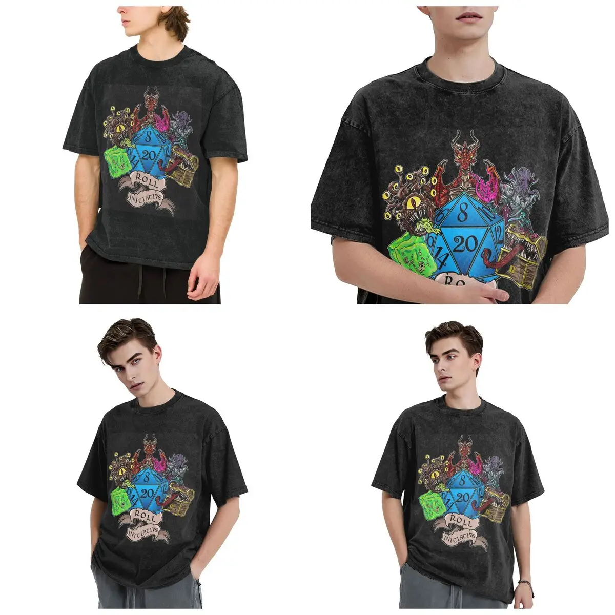Streetwear T-Shirts Roll Initiative Dungeon And Dragon Washed T Shirt Short Sleeve Hip Hop T-Shirt Tops Tees for Men Women