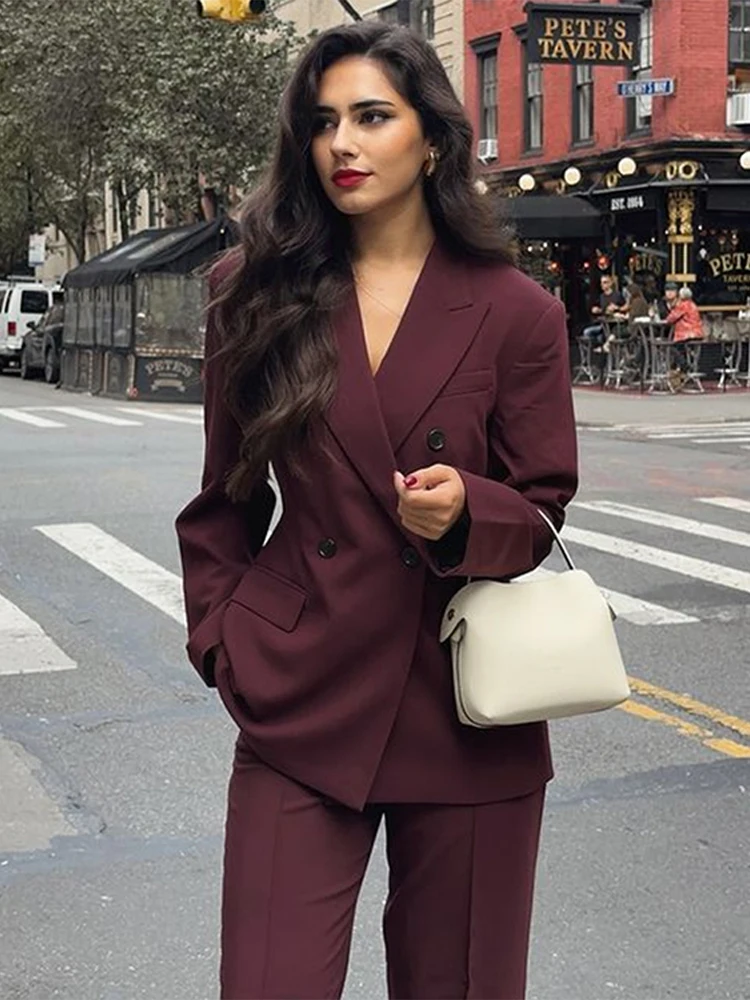 Women's Burgundy Suits Elegant Office Lapel Double Breasted Full Sleeve Blazers Loose Pants Female Sets 2025 Spring Lady Outfits