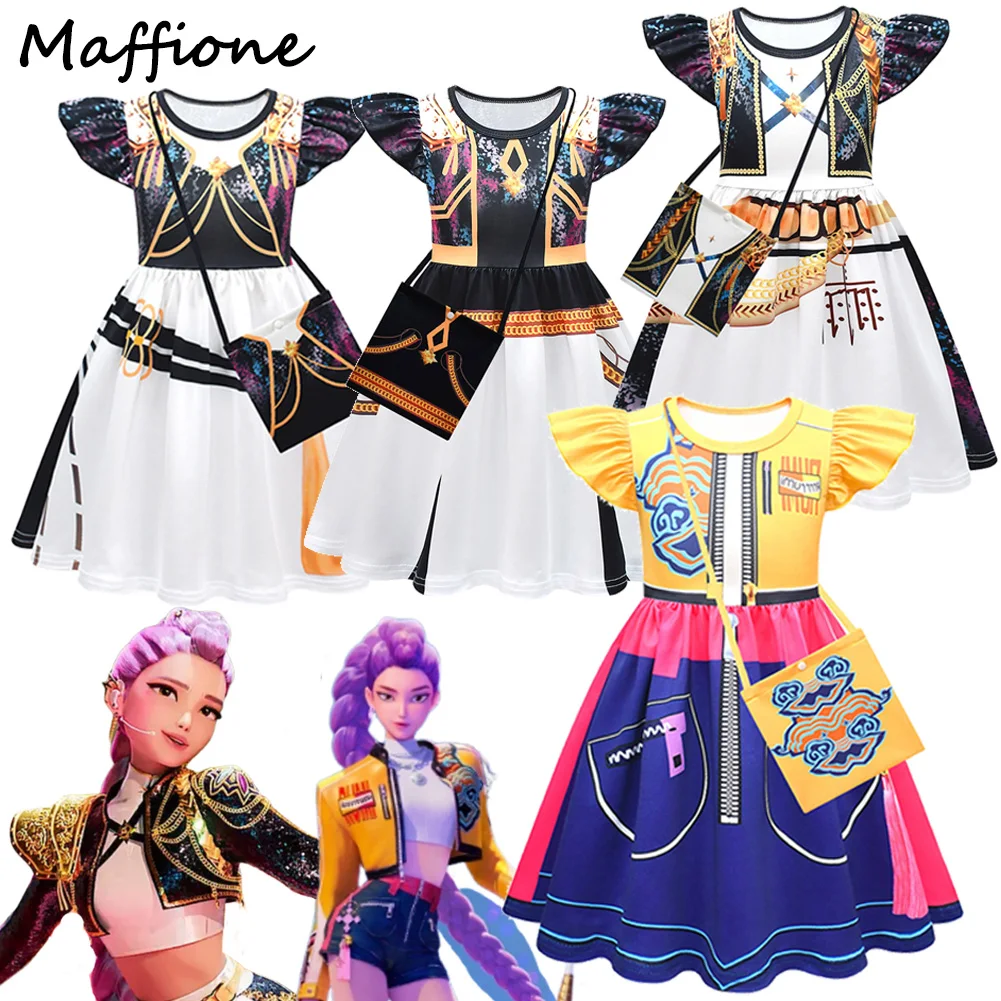 

Kids Rumi Zoey Mira Demon Hunter Of KPop Cosplay Dress Bag Costume Children Flying Sleeve Skirt Outfits Child Halloween Suits