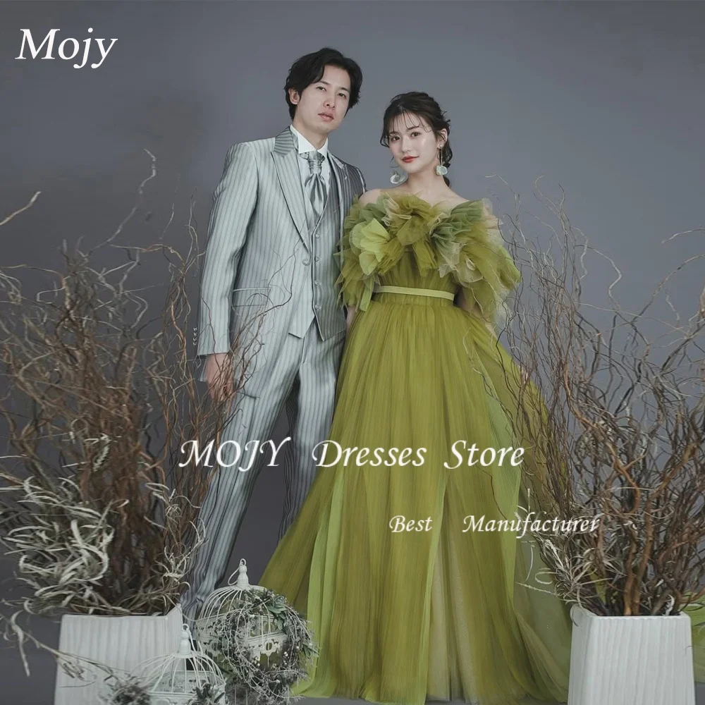 Mojy Elegant Off Shoulder Green Evening Dresses Korea Photo shoot A Line Garden Wedding Gowns Korea Customized ウェディングドレ