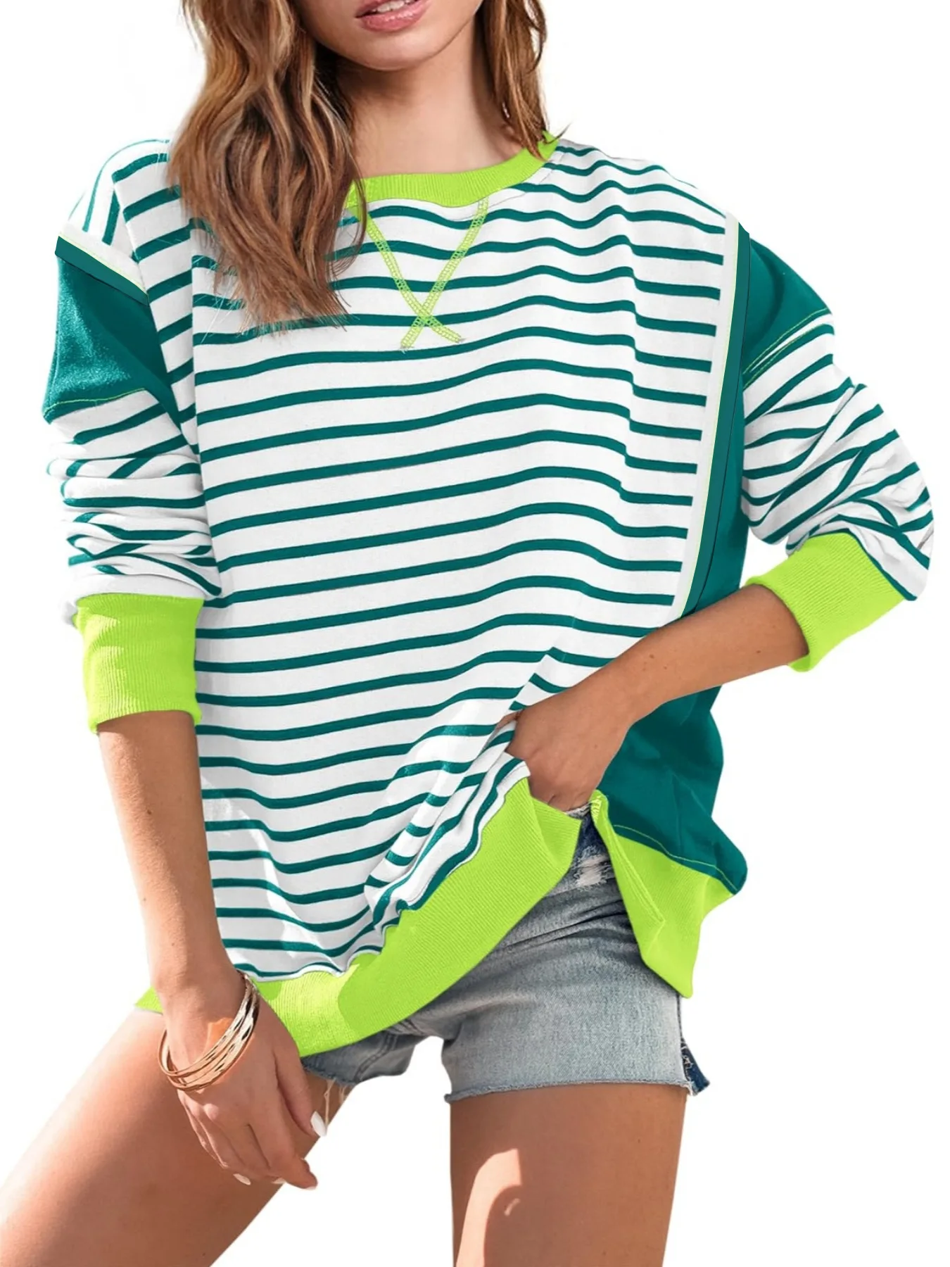 New Women Colorblock Round Neck Sweater Striped Contrast Color Long Sleeve T-Shirt Print