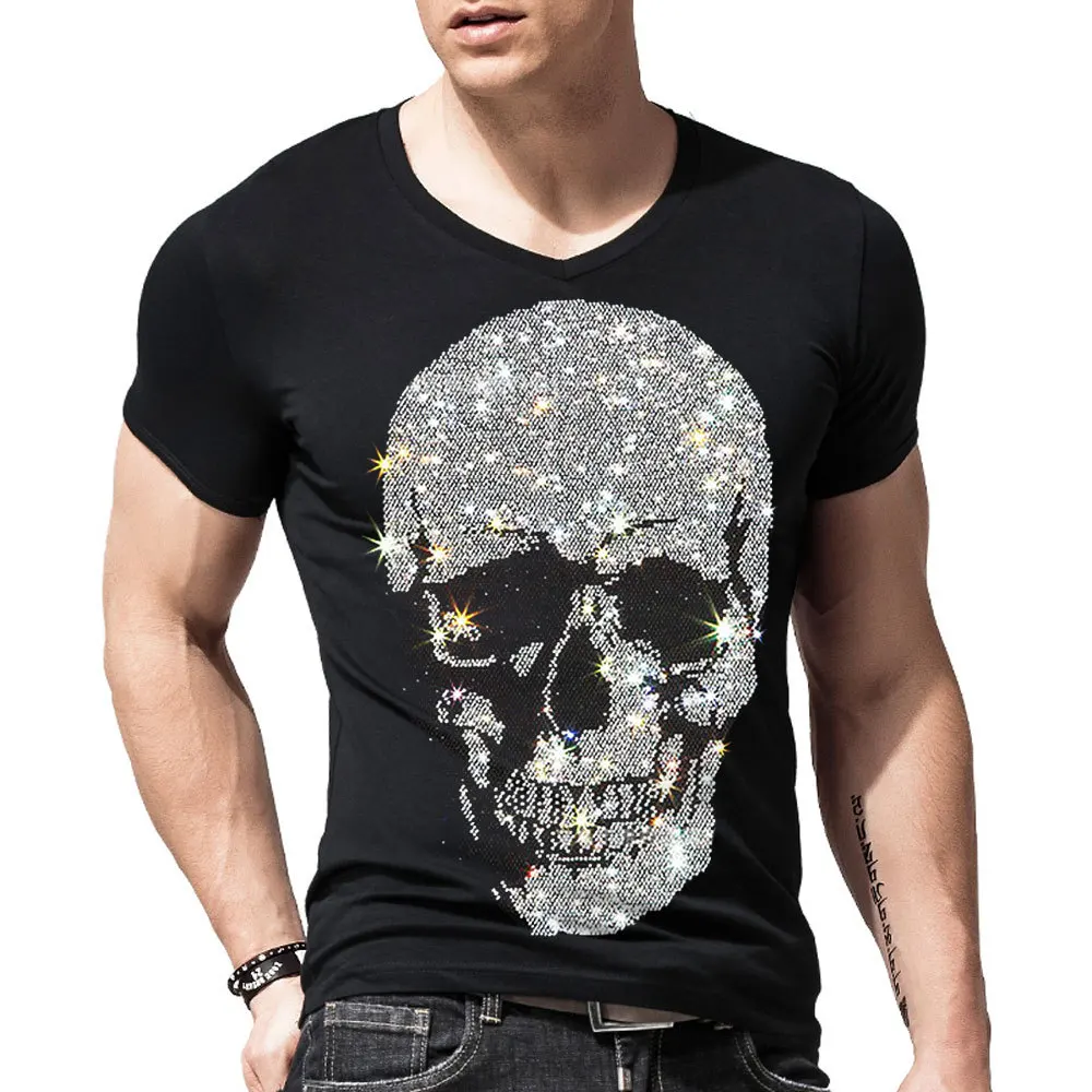 2023 Summer Men Black T-shirt Hip Hop Man Skull Head diamond T Shirts Fashion rhinestone Man T-shirt