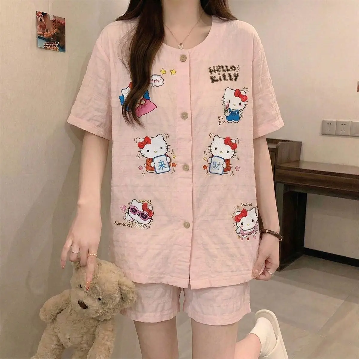 

Sanrio Hello Kitty Cheap Nightwear Women's Shorts Short Sleeve Sleepwear Summer Pajamas Kawaii Negligee Anime Nightie Home Suit