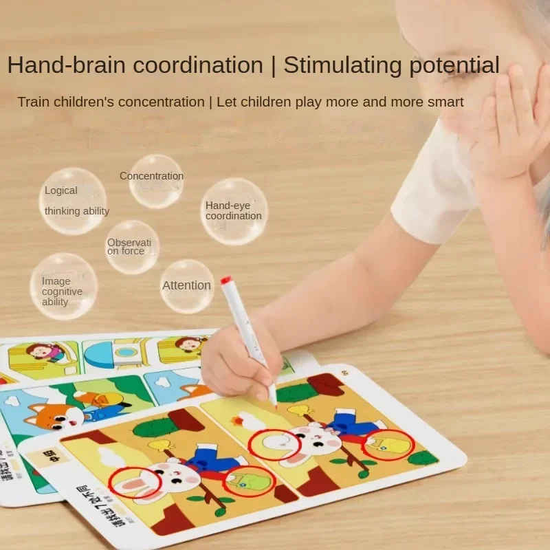 Juego de rompecabezas borrable y regrabable para niños, juguete de desarrollo del cerebro de entrenamiento de observación, enfoque y diferencia, 64 páginas