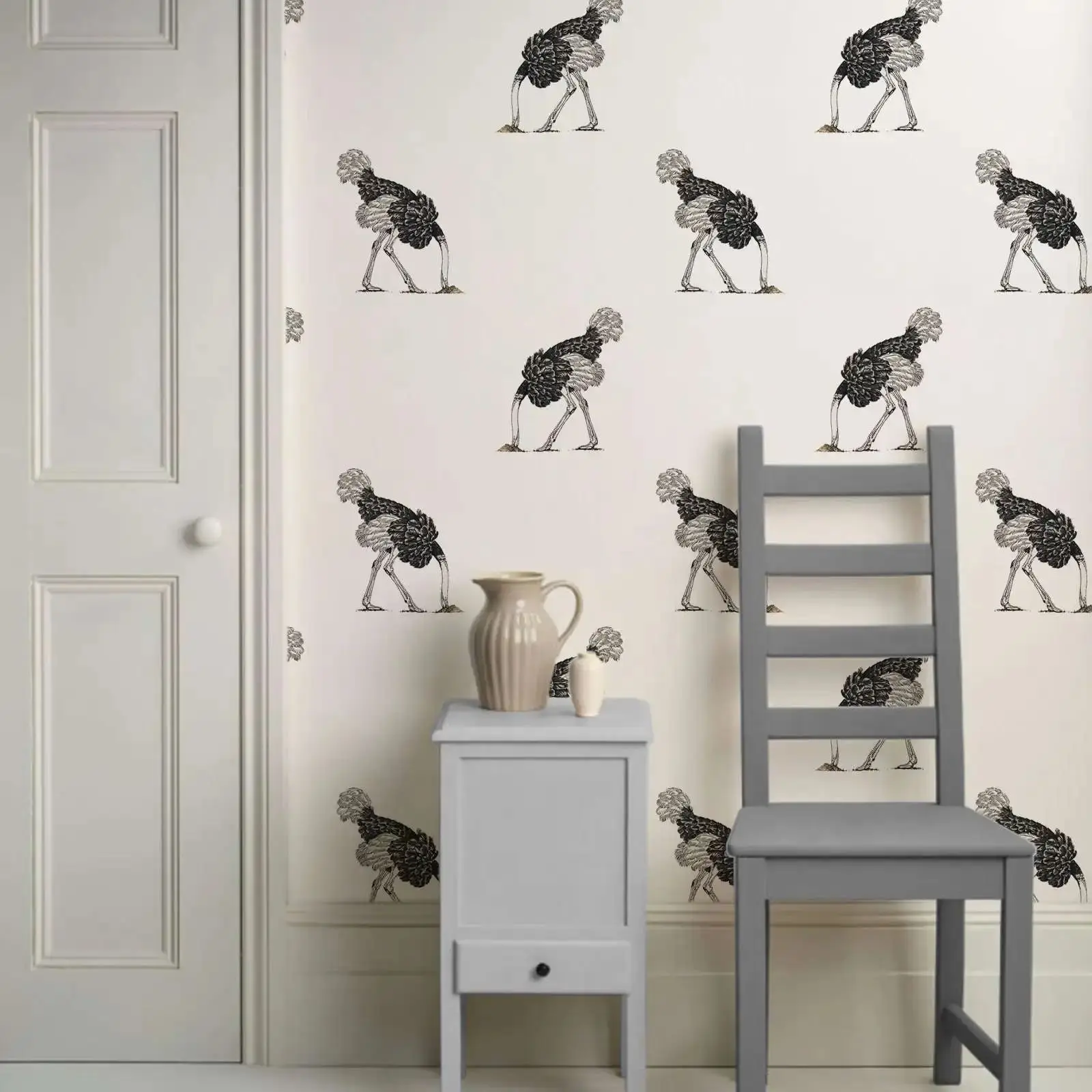สัตว์น่ารักวอลล์เปเปอร์ Peel และ Stick,รูปแบบนกกระจอกเทศสีดําสีขาวพื้นหลัง Wall Papers, ตกแต่งบ้าน/Wall Art,ขนาดที่กําหนดเอง