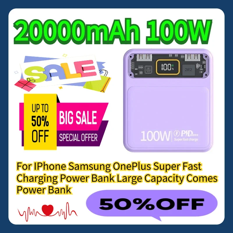 

For IPhone Samsung OnePlus 20000mAh 100W Super Fast Charging Power Bank Large Capacity Comes Power Bank