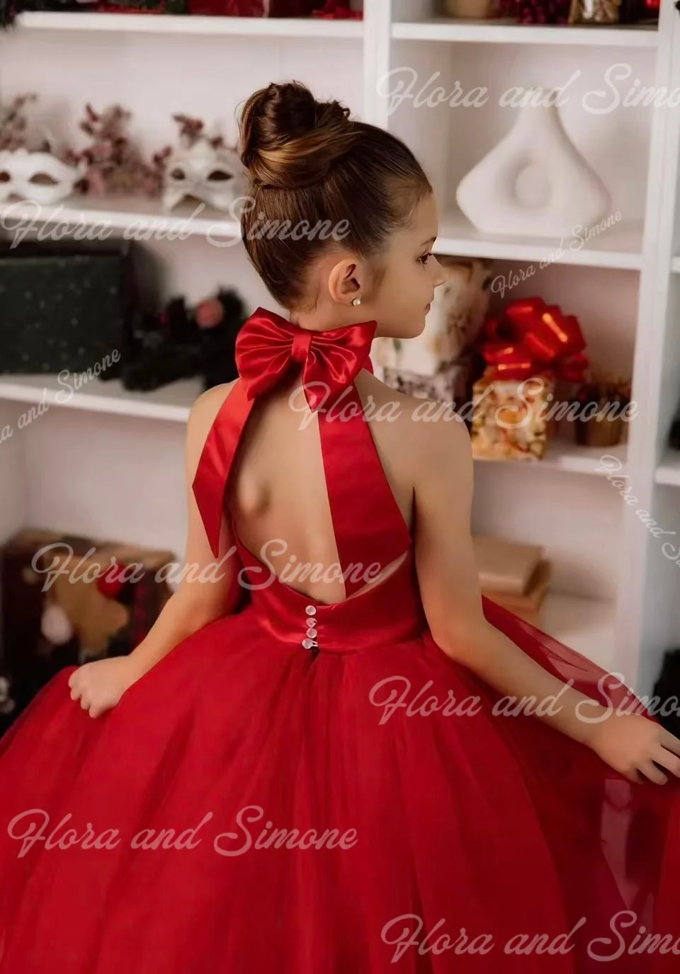 Elegant Red Sleeveless Long Dress Fluffy Flower Girl Dress for Christmas Celebration Formal Receptions Dance Parties Customized
