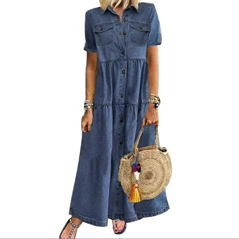 Summer Ladies Casual Oversized Vintage Pocket Buttons Distressed Loose Long Denim Dress Elegant Short Sleeve Wild Party Dresses