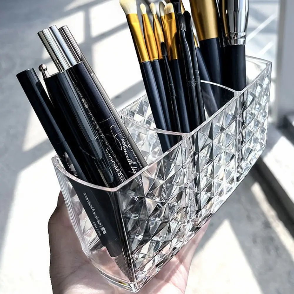 Acrylic Makeup Brush Storage Bucket Transparent Quilting Desk Pen Holder Pen Stand Triple Grid Makeup Storage Box