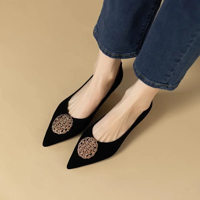 French Black Med Heels Women\'s Shoe Comfortable Office & Career Shoes Soft Leather Suede Pointed Shallow Shoes Pumps Zapatos