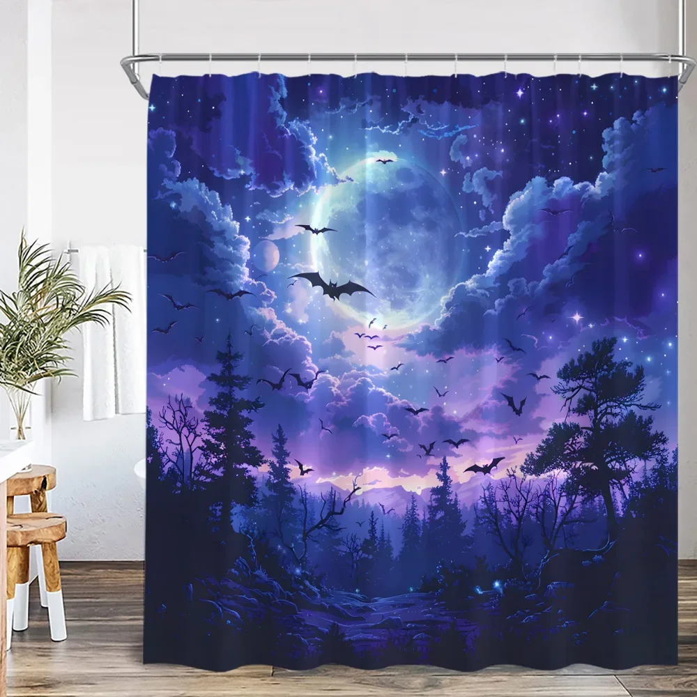 Halloween Scary Night Shower Curtain Full Moon Bat Dead Tree Forest Witch Crow Magic Horror Bathroom Decor Vintage Bath Curtain